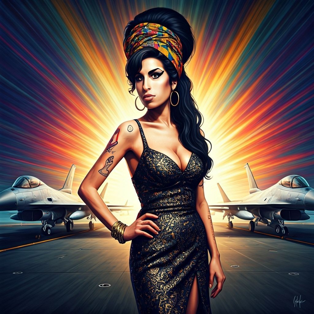 Amy Winehouse Street Mural on Flight Deck with Fighter Jets
