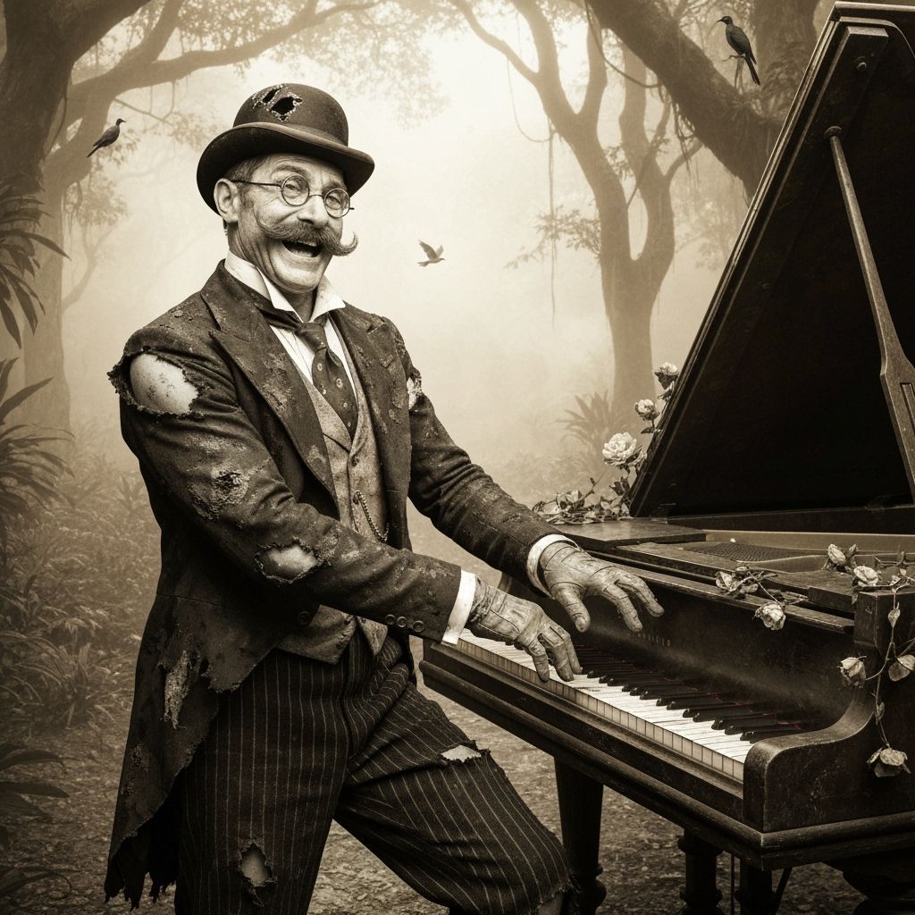 Edwardian Gentleman Plays Piano in Jungle, Vintage Photograp...