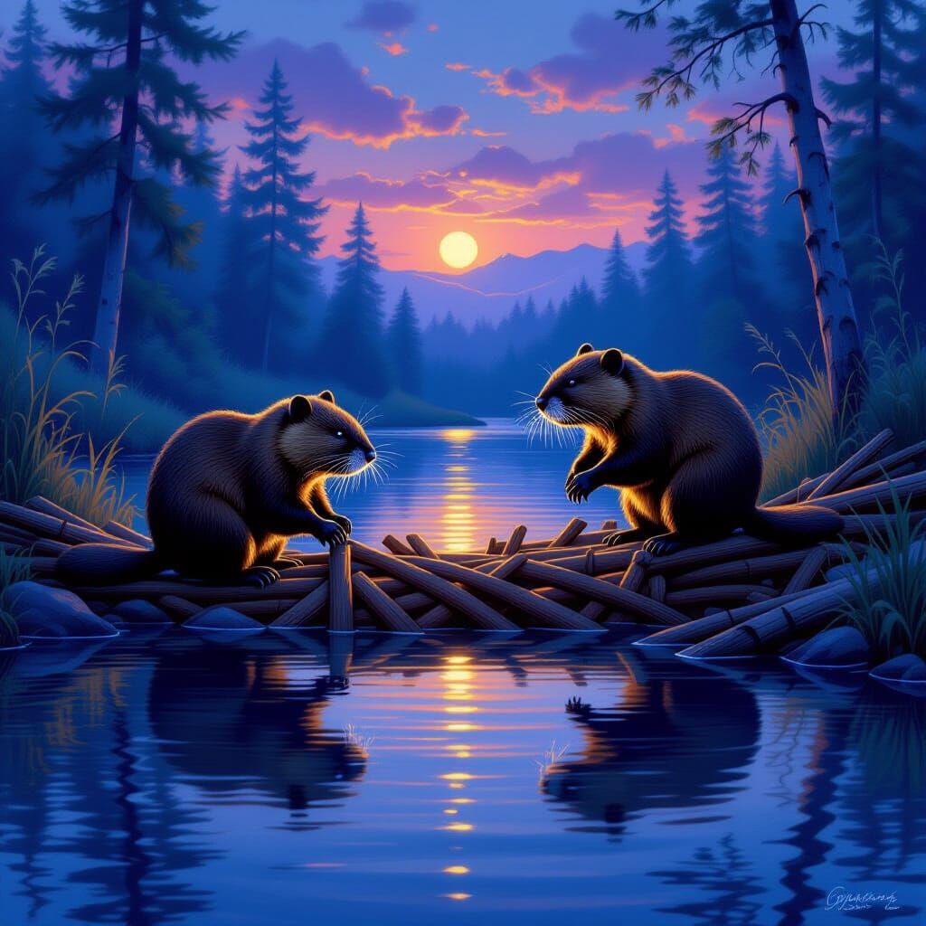 Beavers Build Intricate Dam in Twilight River Scene