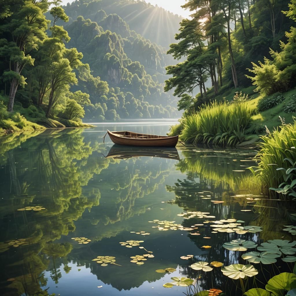 Admist a tapestry of nature's finest, a tranquil lake lies cradled by lush greenery and soft, rolling Hills. The water i...