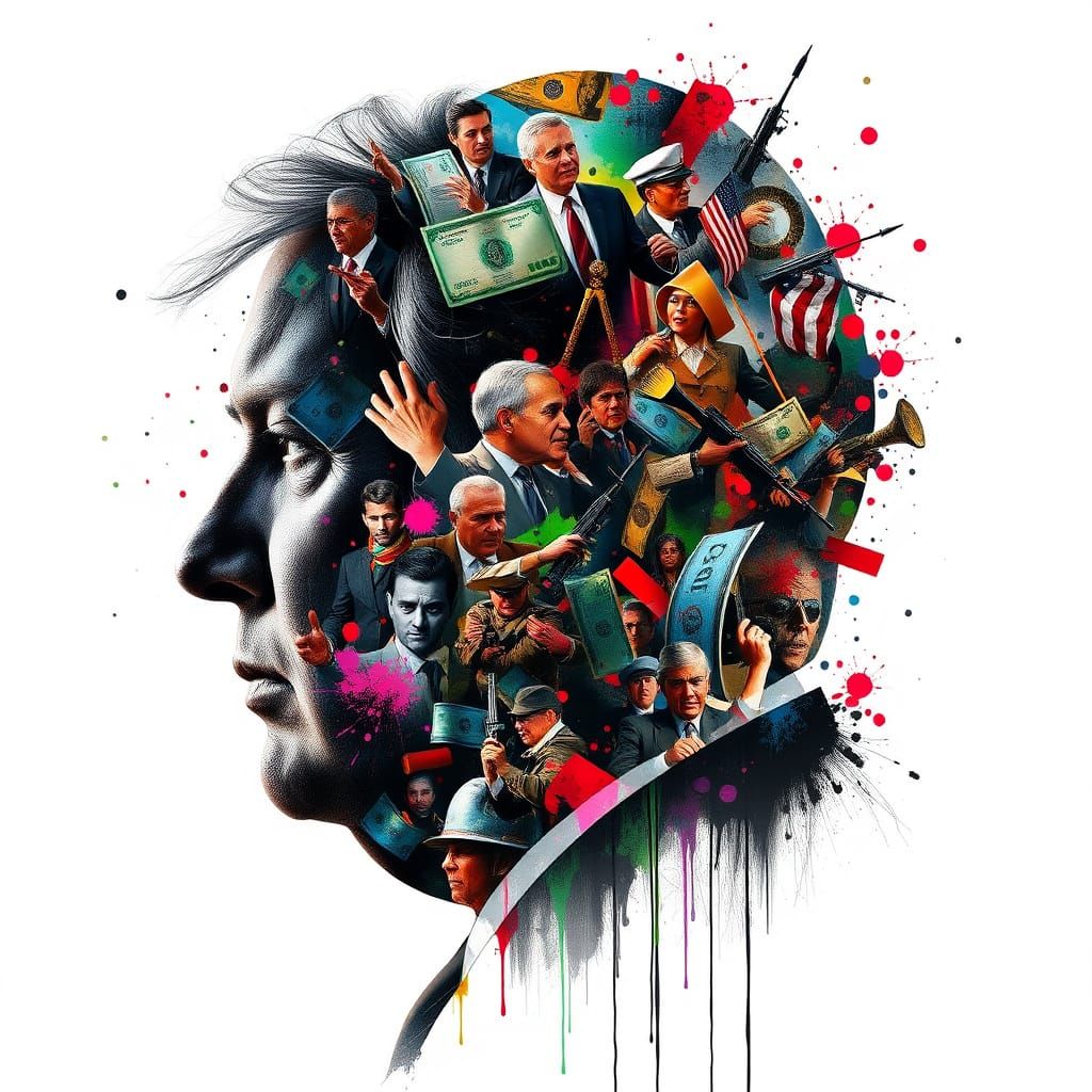 Politician Silhouette Amidst Chaotic Scenes of Corruption