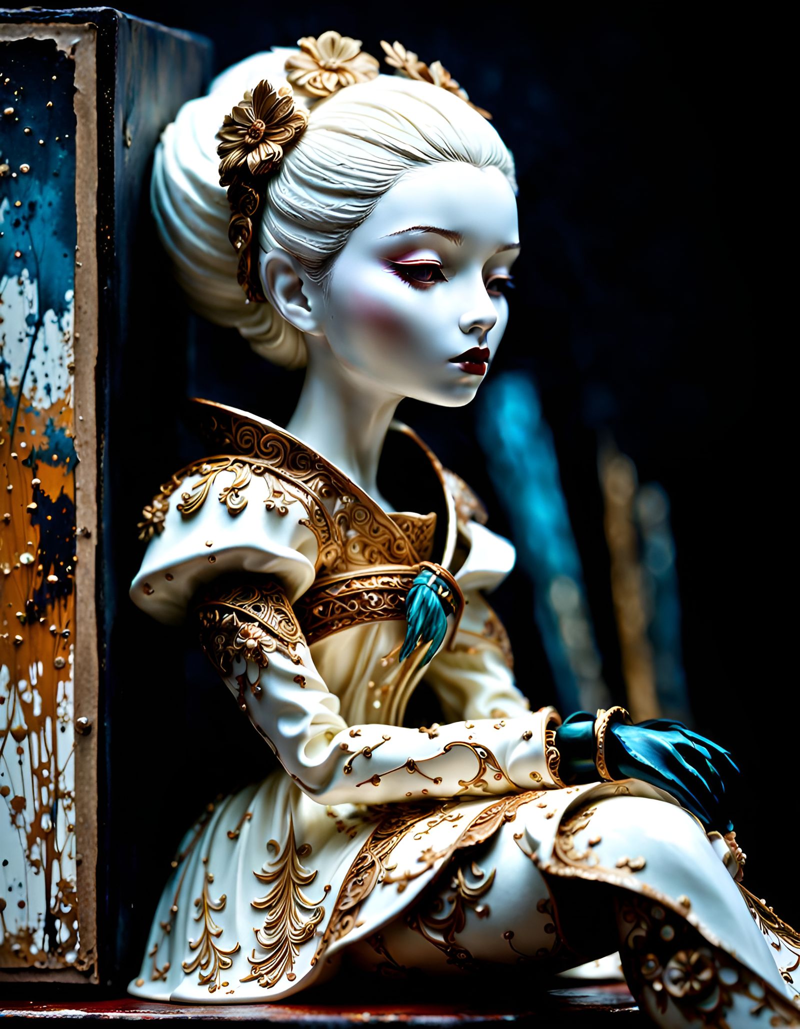 Ivory Ceramic Doll with Ink Splatter Background