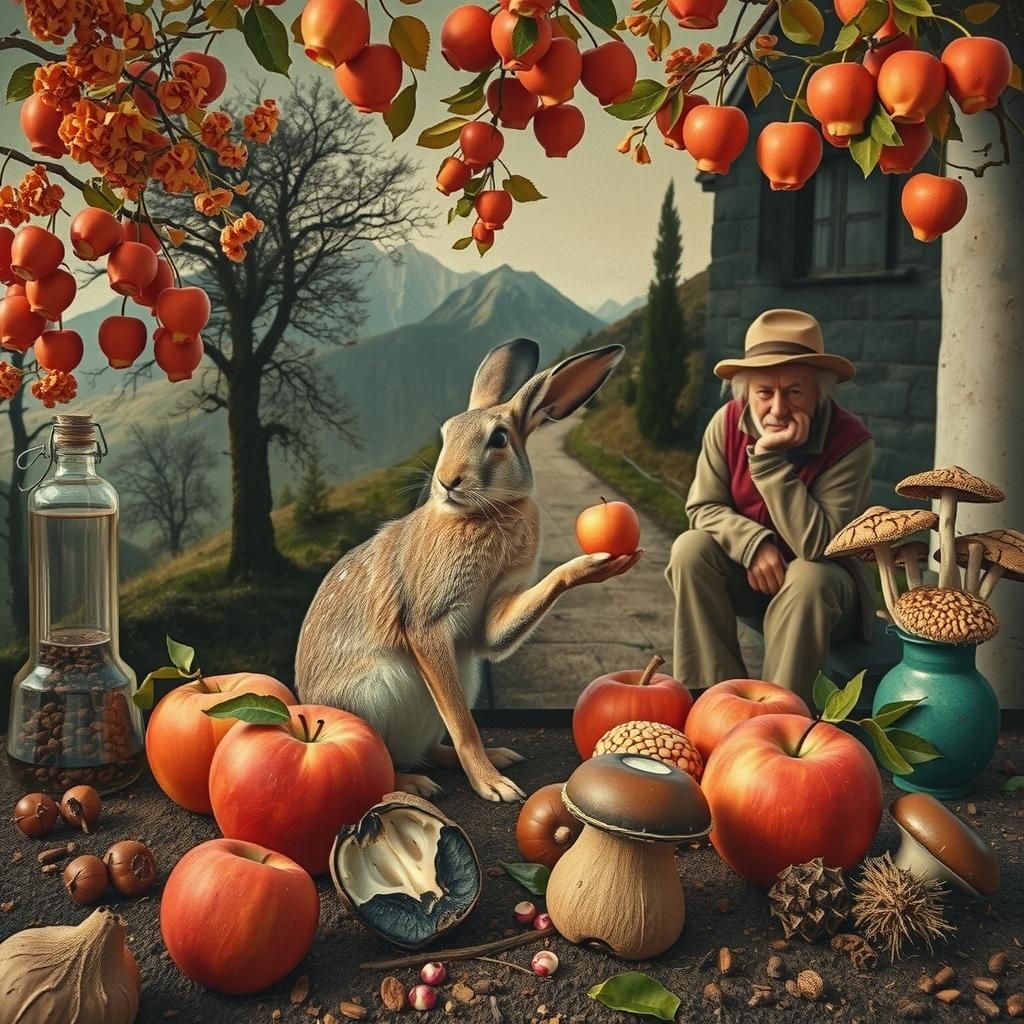 Surrealist Double Exposure: Hare, Traveler, and Mountains