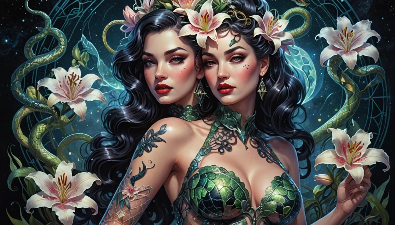 Pinup in Lace with Snakes and Lilies