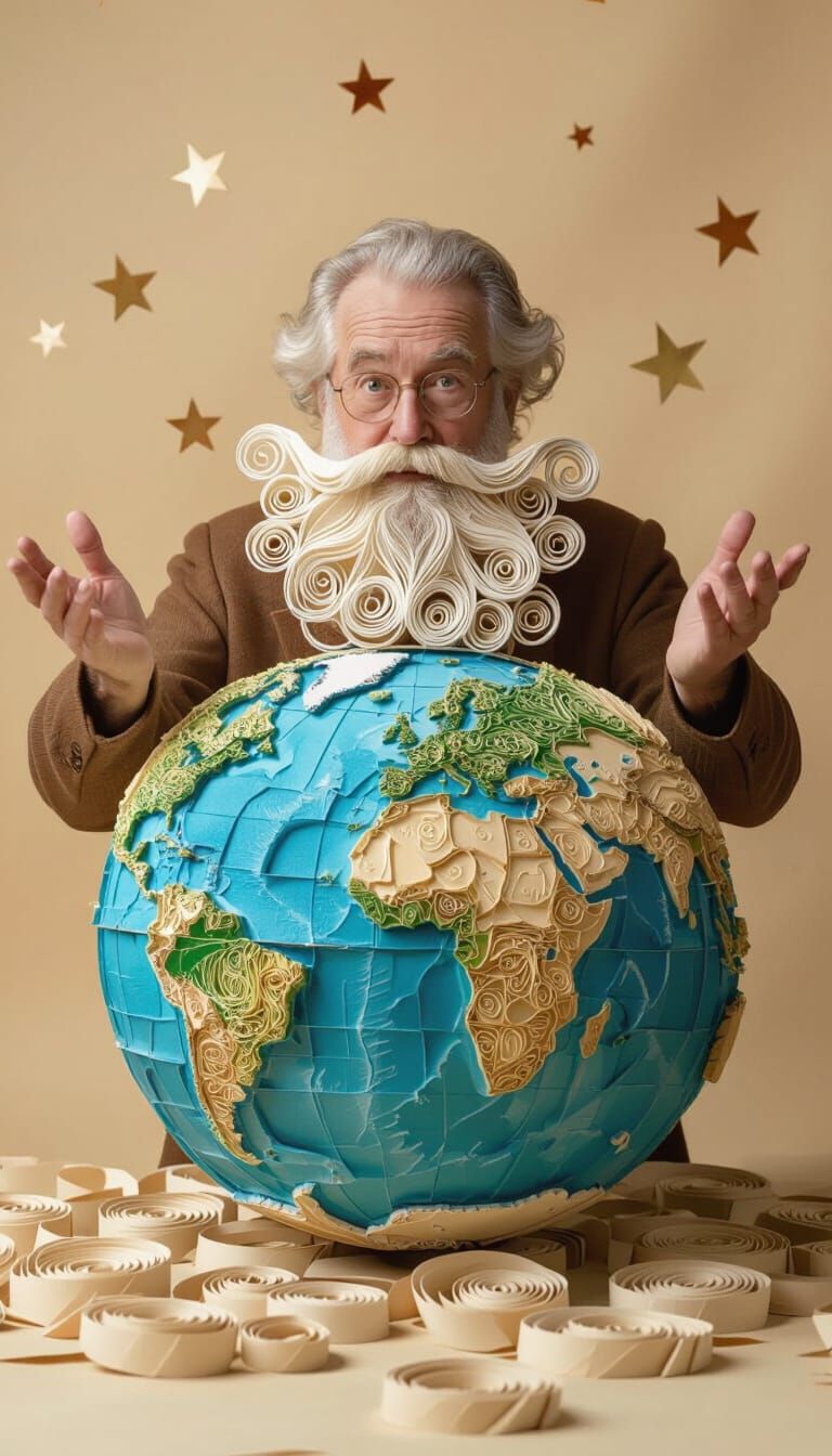 Paper Beard Cartographer Unraveling a Paper Globe