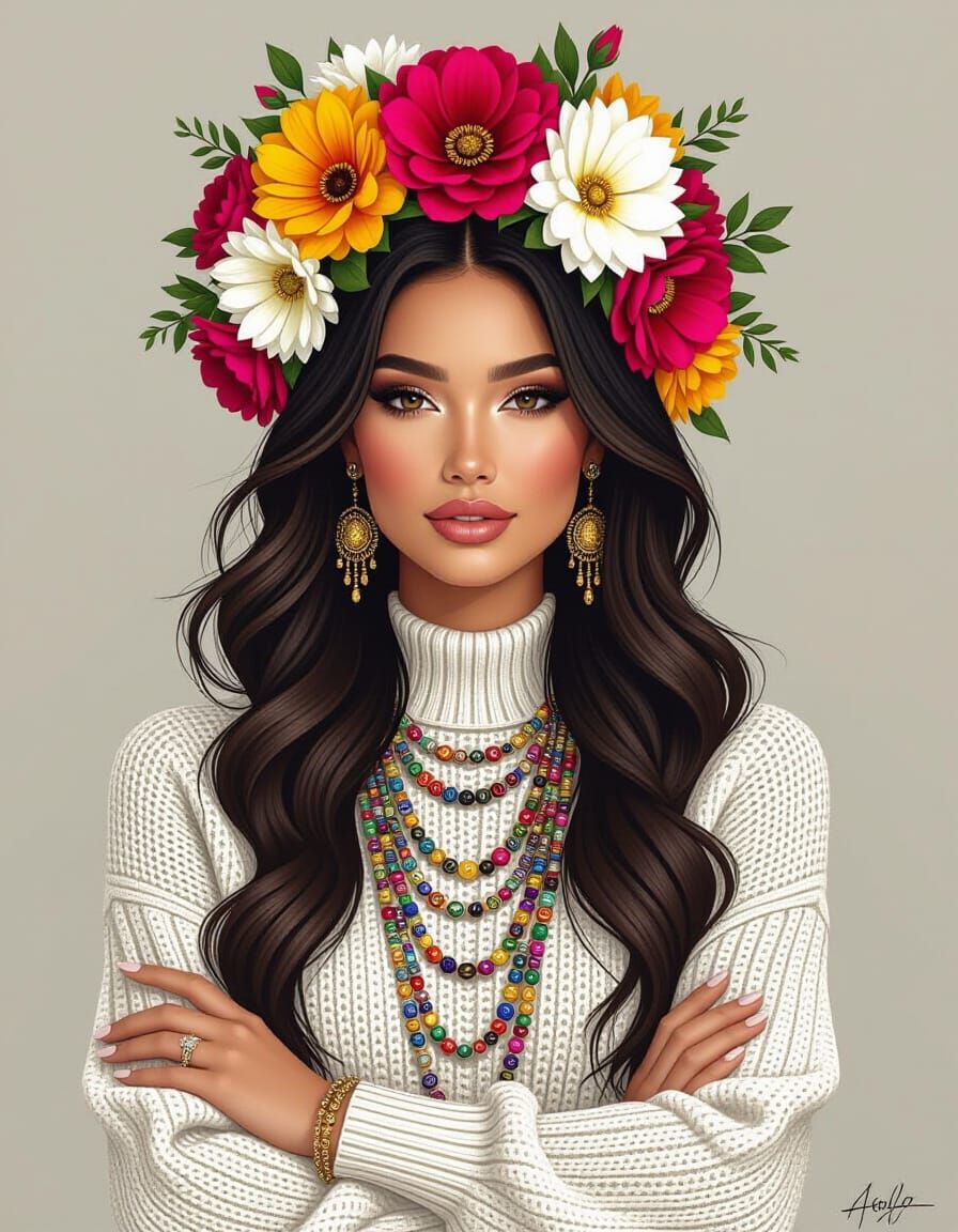 Elegant Woman with Floral Headdress: Charcoal Drawing