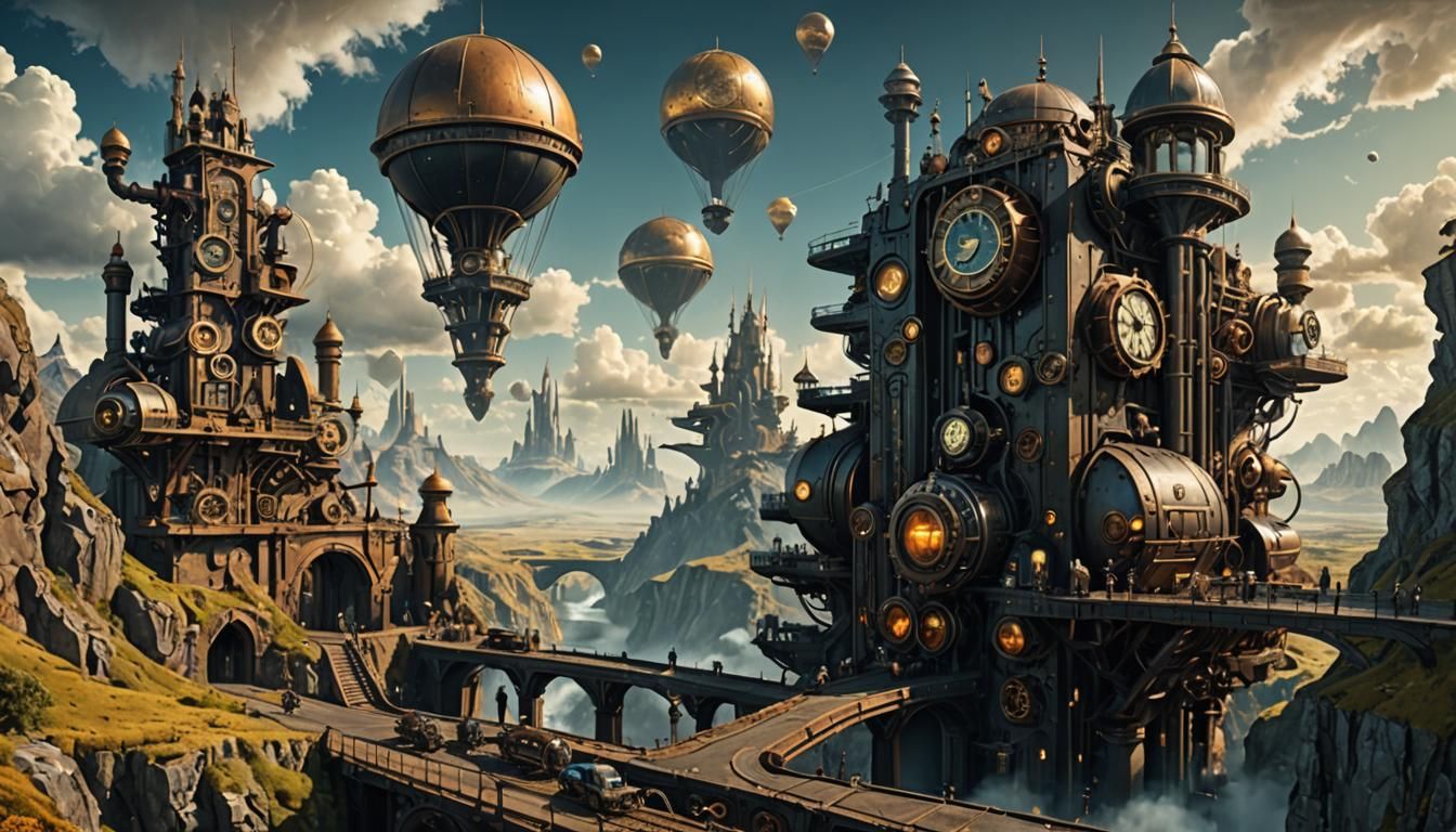 Futuristic Steampunk Landscape as Impasto Painting