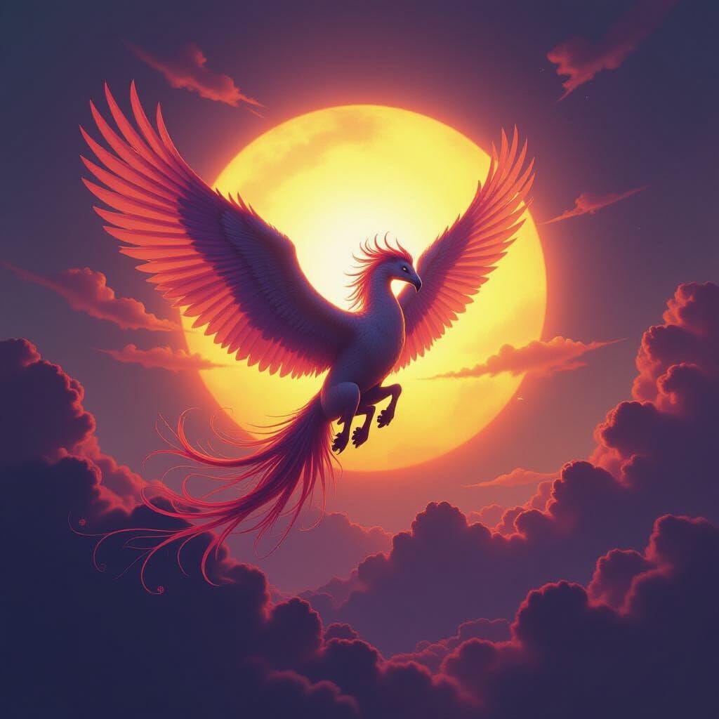 Hippogryph Soars Toward Sunset in Dark Fantasy Art