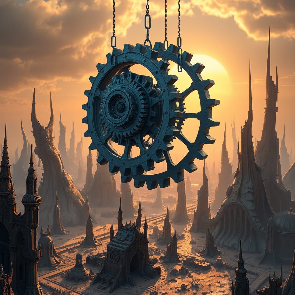 Intricately Sculpted Gear Box Sways Over Ruined Metropolis
