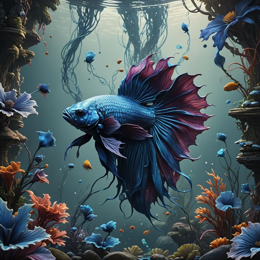 Detailed Blue Betta Fish Matte Painting
