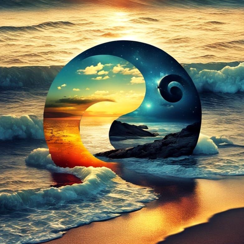 Vibrant Beach Sunset with Yin Yang Harmony