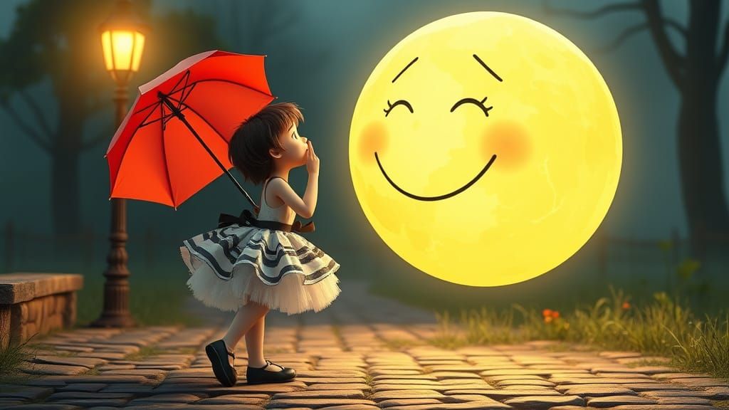 Girl Kisses Moon in Whimsical 3D Render