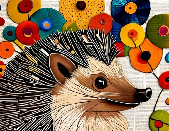 Intricate Hedgehog Collage with Impasto Brushstrokes