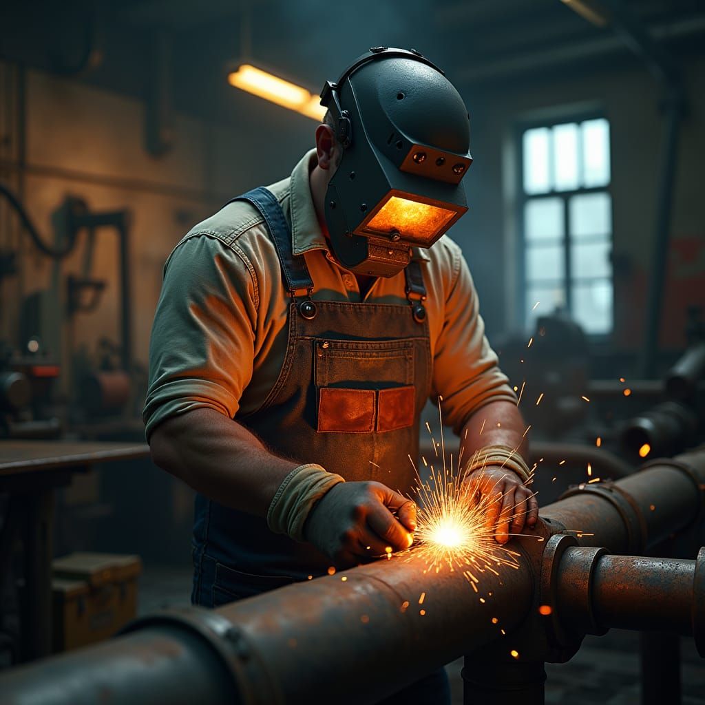 Metal Worker Welding in Industrial Cyberpunk Style