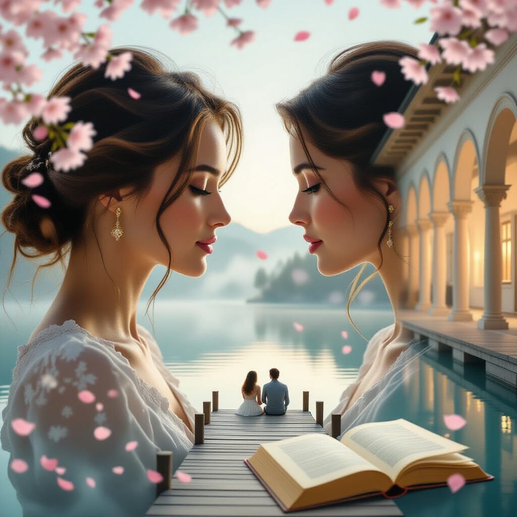 Double Exposure Portrait of Woman with Dreamlike Inner Lands...