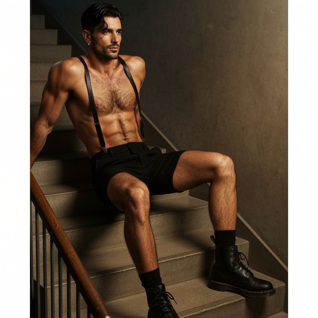 Athletic Man Posing on Socialist Apartment Stairs