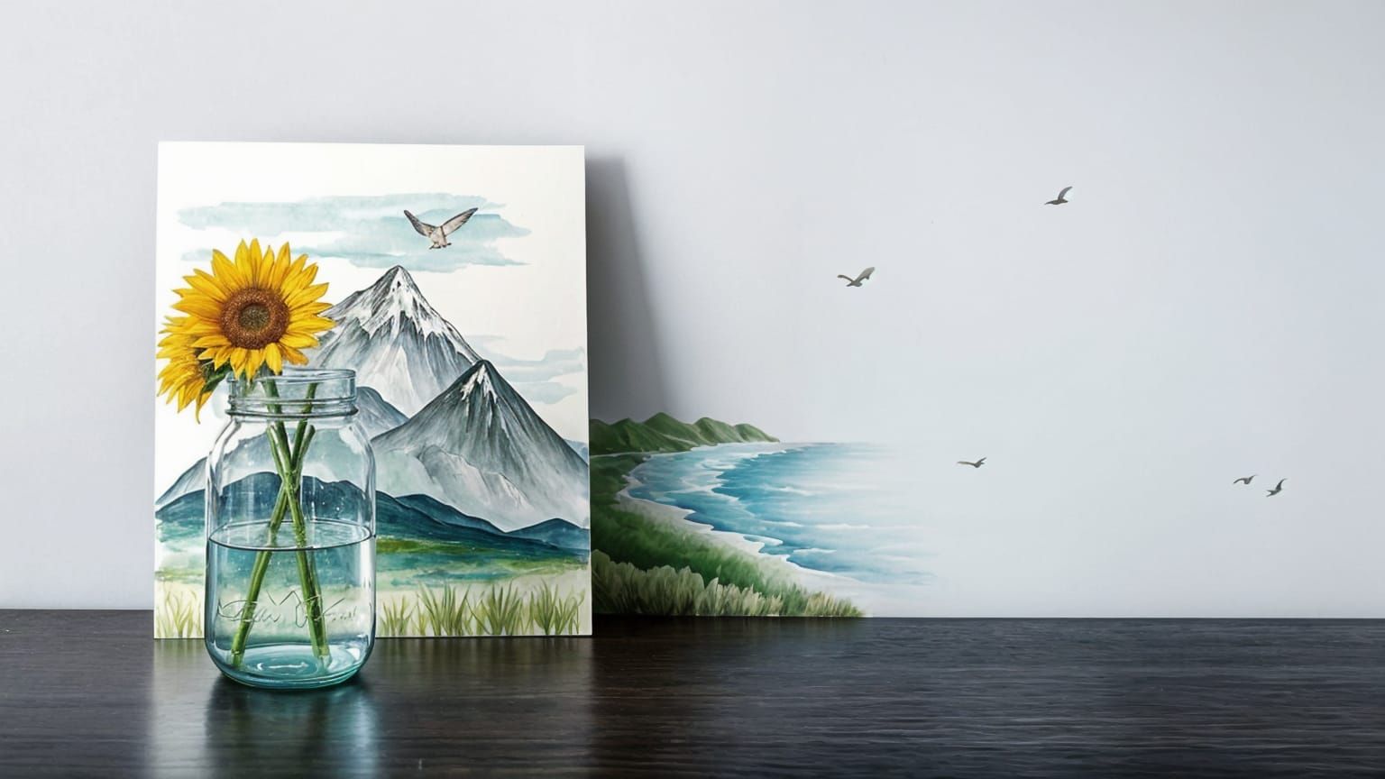 Sunflowers in Mason Jar with Seashore Painting