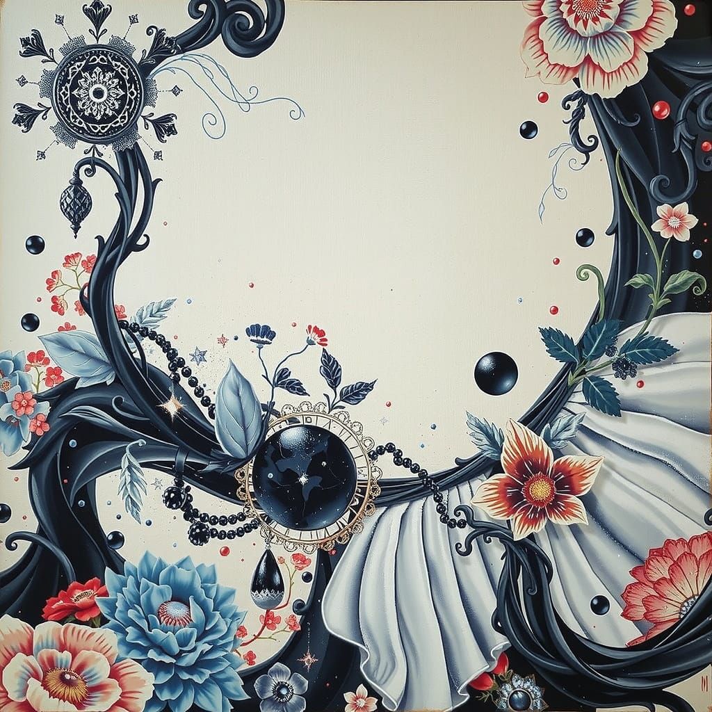 Ornamented Black, White, and Gold Composition