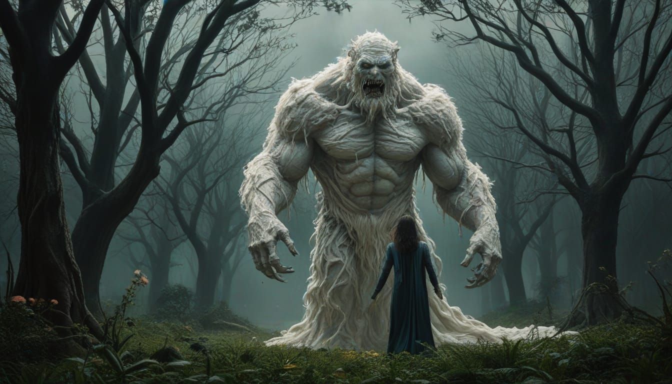 Cinematic Surreal Nightmare: Monster Terrorizes Elegant Woma...