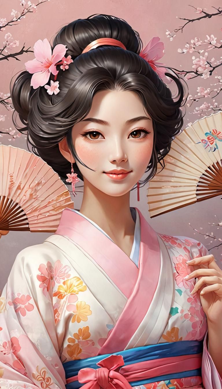 Anime Portrait of a Lady in Kimono with Fan