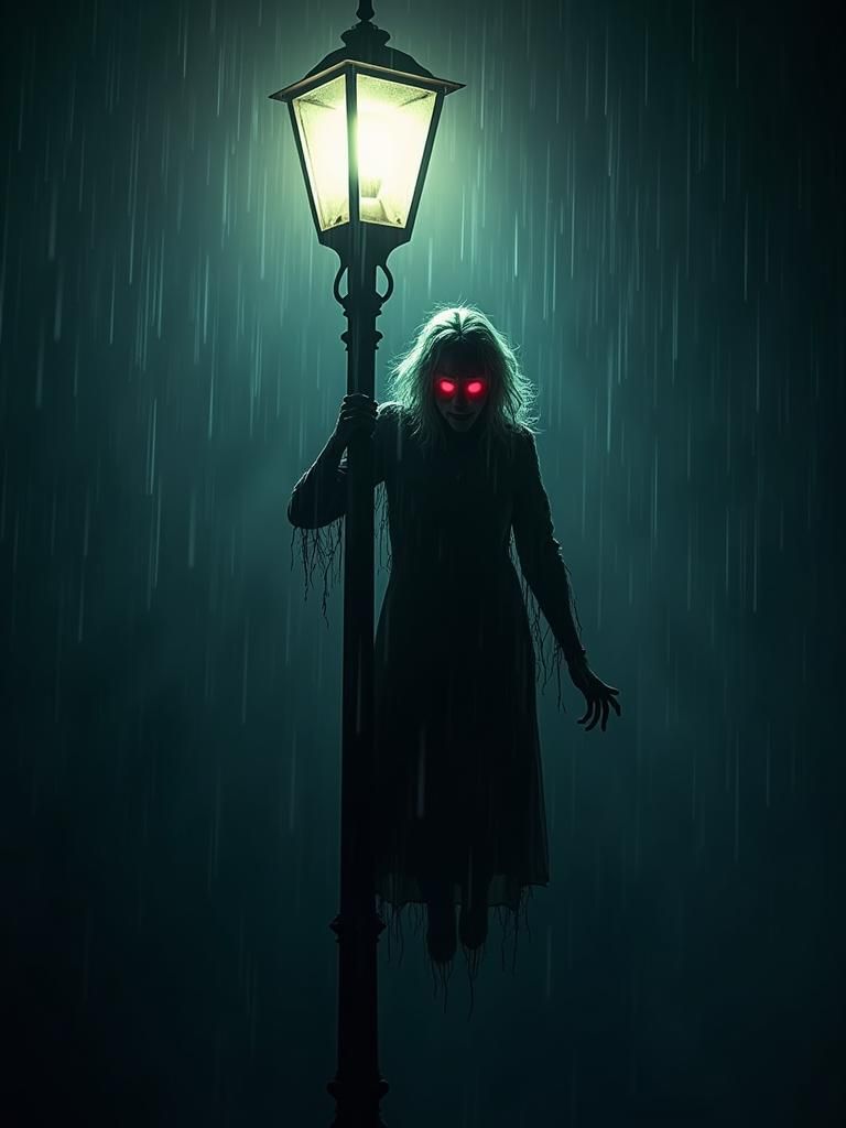 Eerie Old Woman on Lamp Post in Rainy Horror Scene
