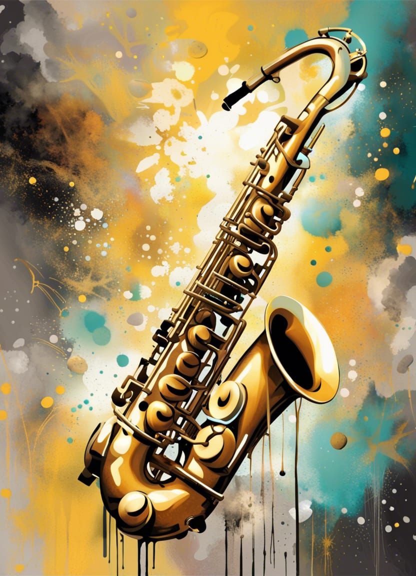 Golden Saxophone with Geometric Halo in Speedpaint Style