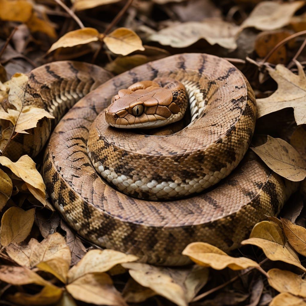 Copperhead Snake Hidden in Autumn Leaves