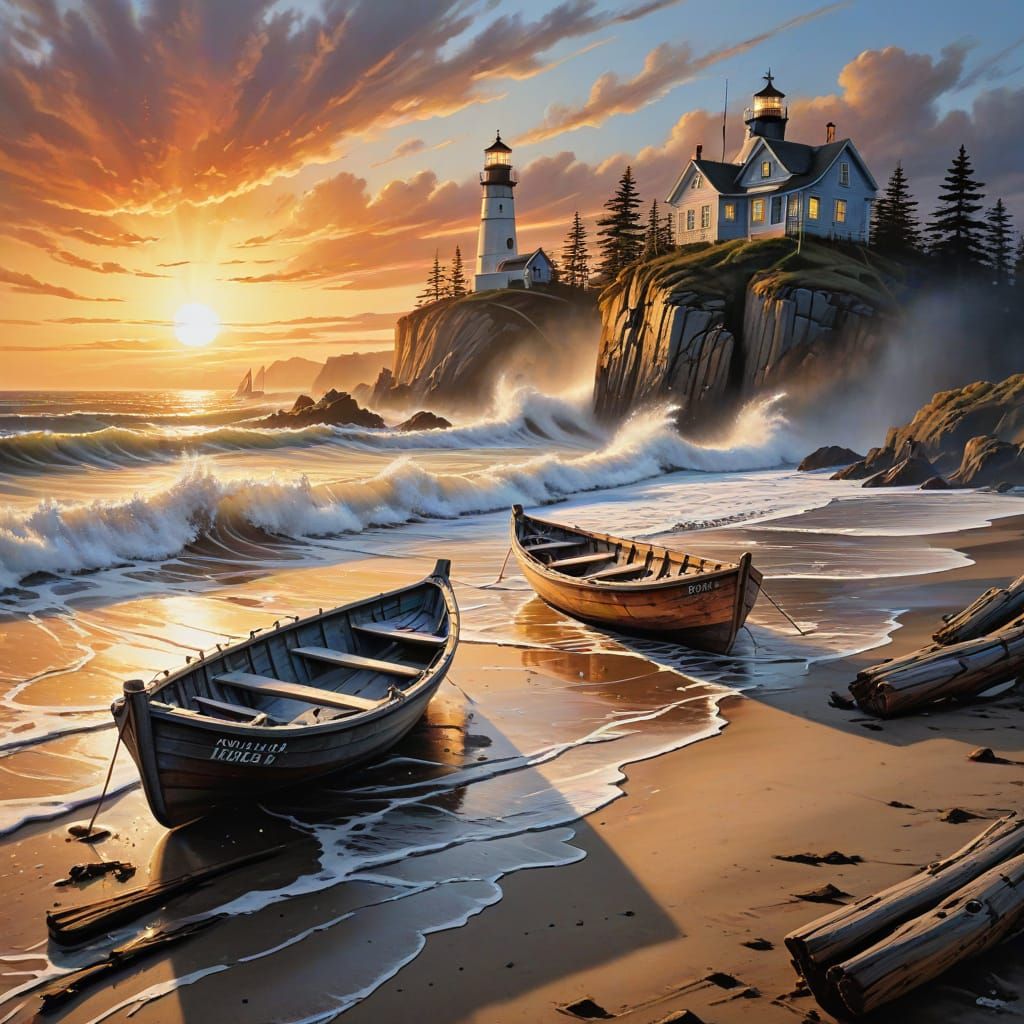 Sunset Beach with Boats in Airbrush Style