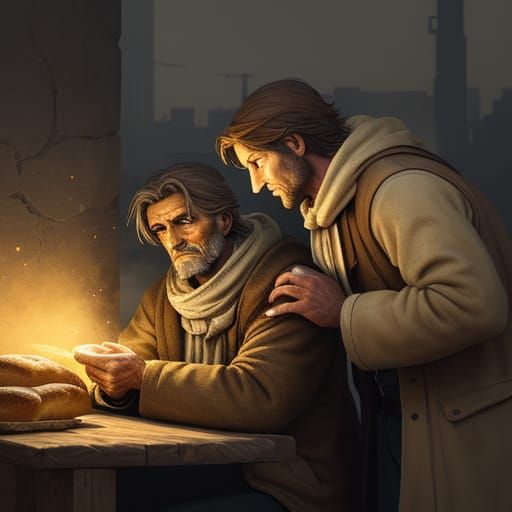 Generous Hand Offers Bread in Golden Hour Glow