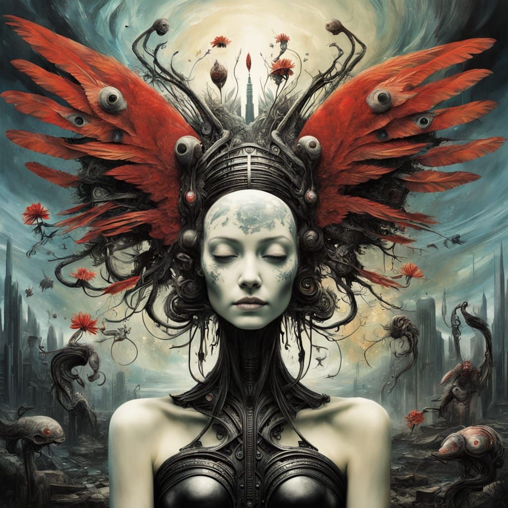 Biomechanical Bird Hovering Near Alien Flower