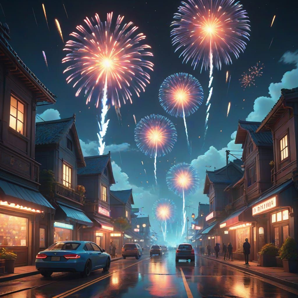Vibrant Firework Explosion in a Neon Anime Cityscape