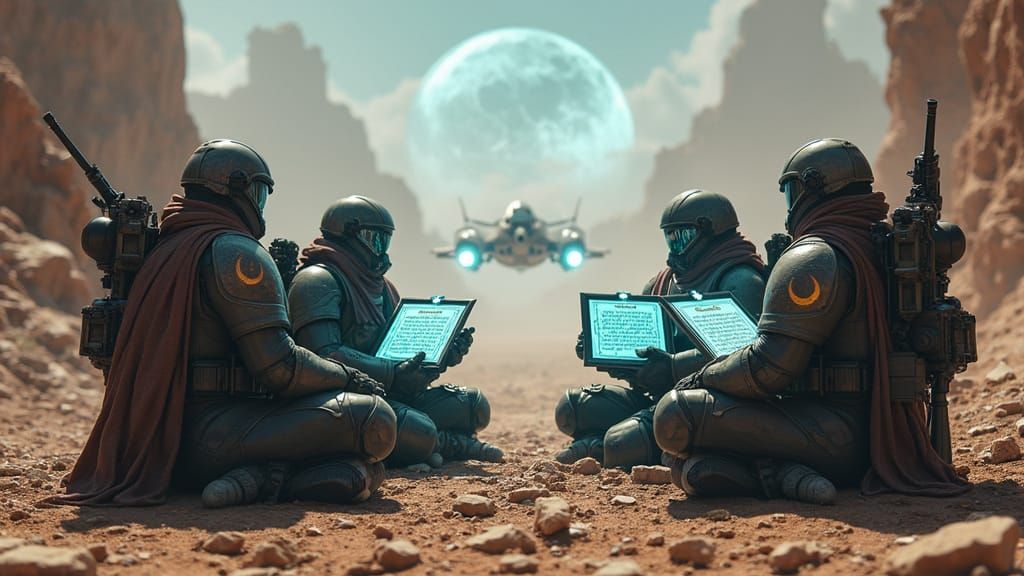 Futuristic Muslim Space Marines Reading Quran