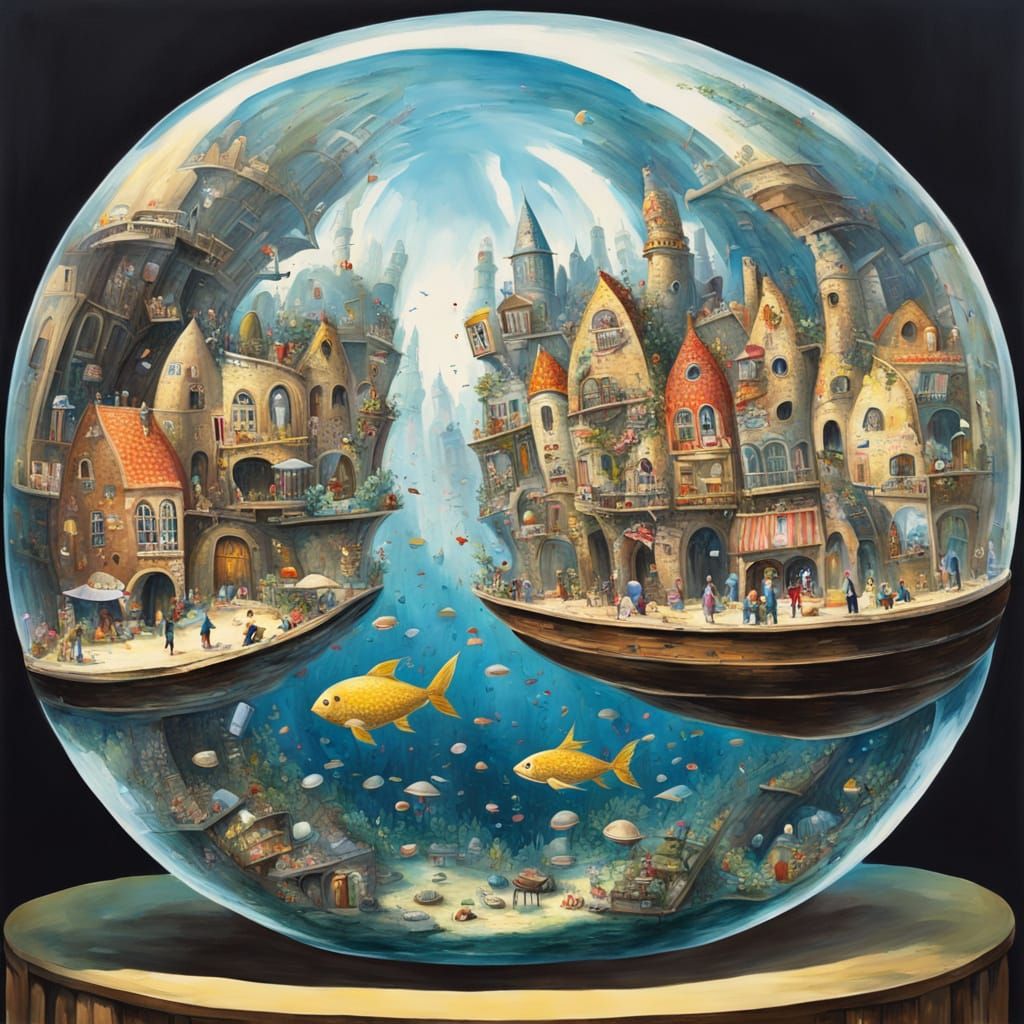 Underwater Village Inside Glass Sphere: Gouache Painting