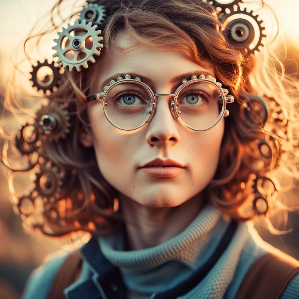 Surreal Woman with Gears in Sunset Light