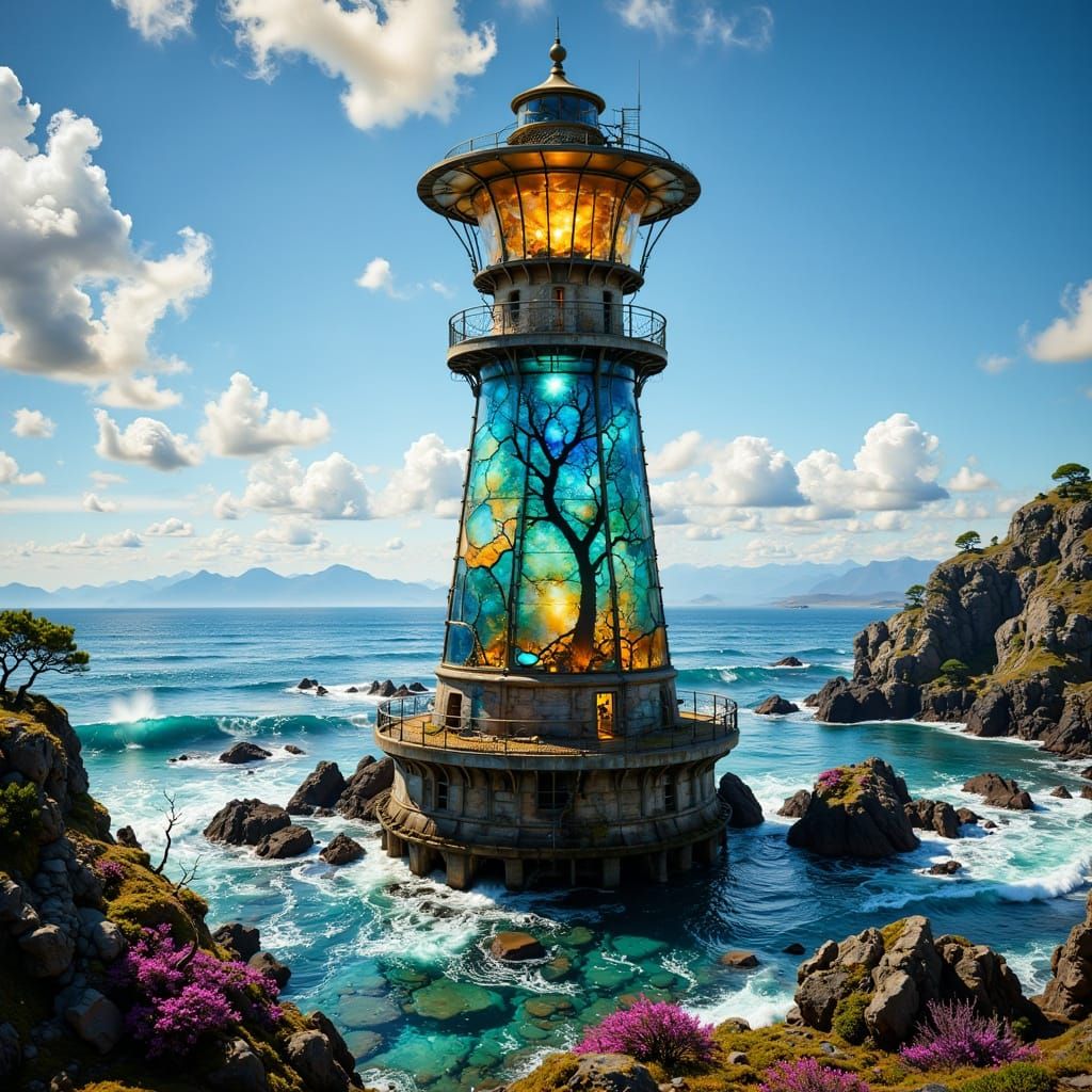 Glass Lighthouse Reflecting Shimmering Waters