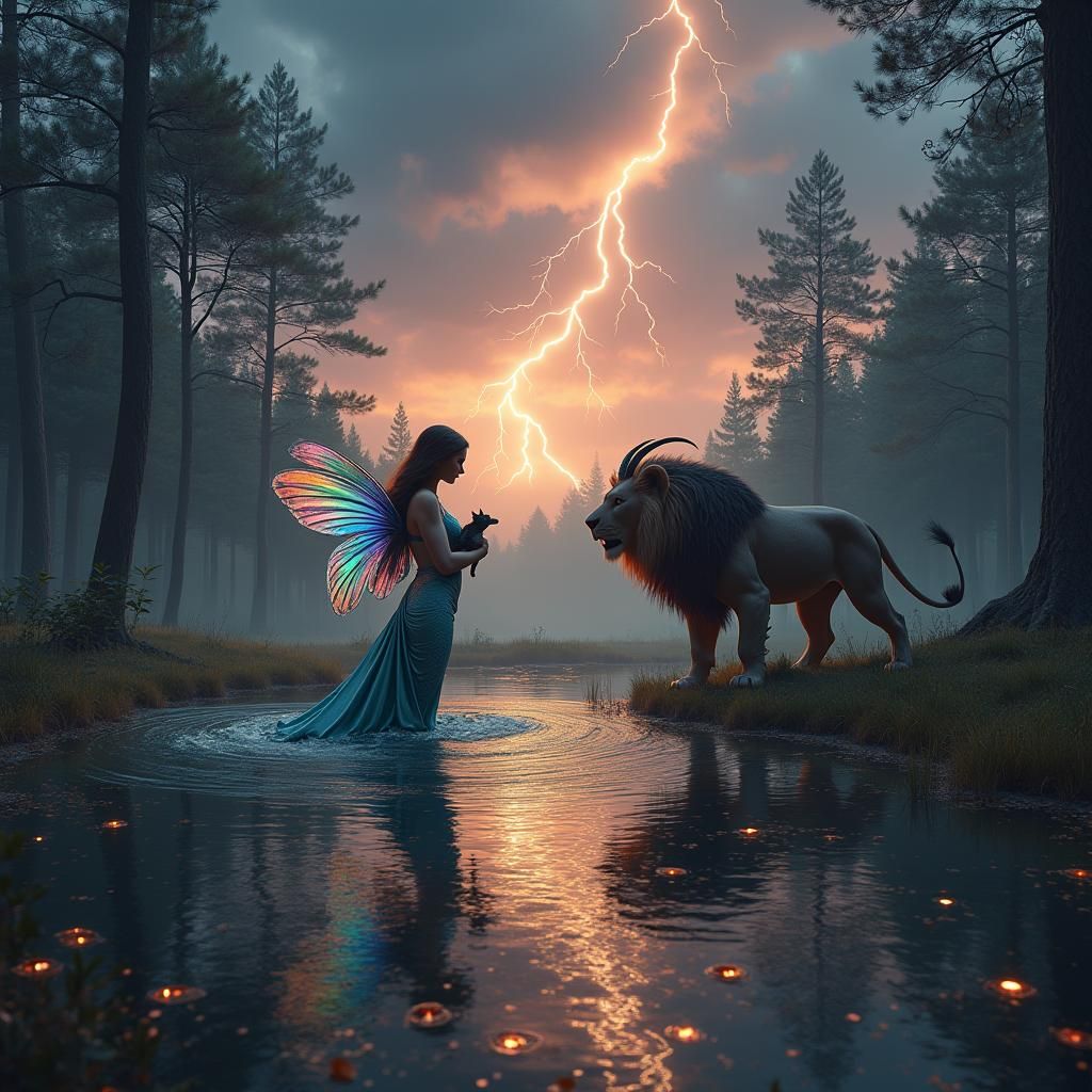 Mermaid Fairy Emerges in Stormy Medieval Forest