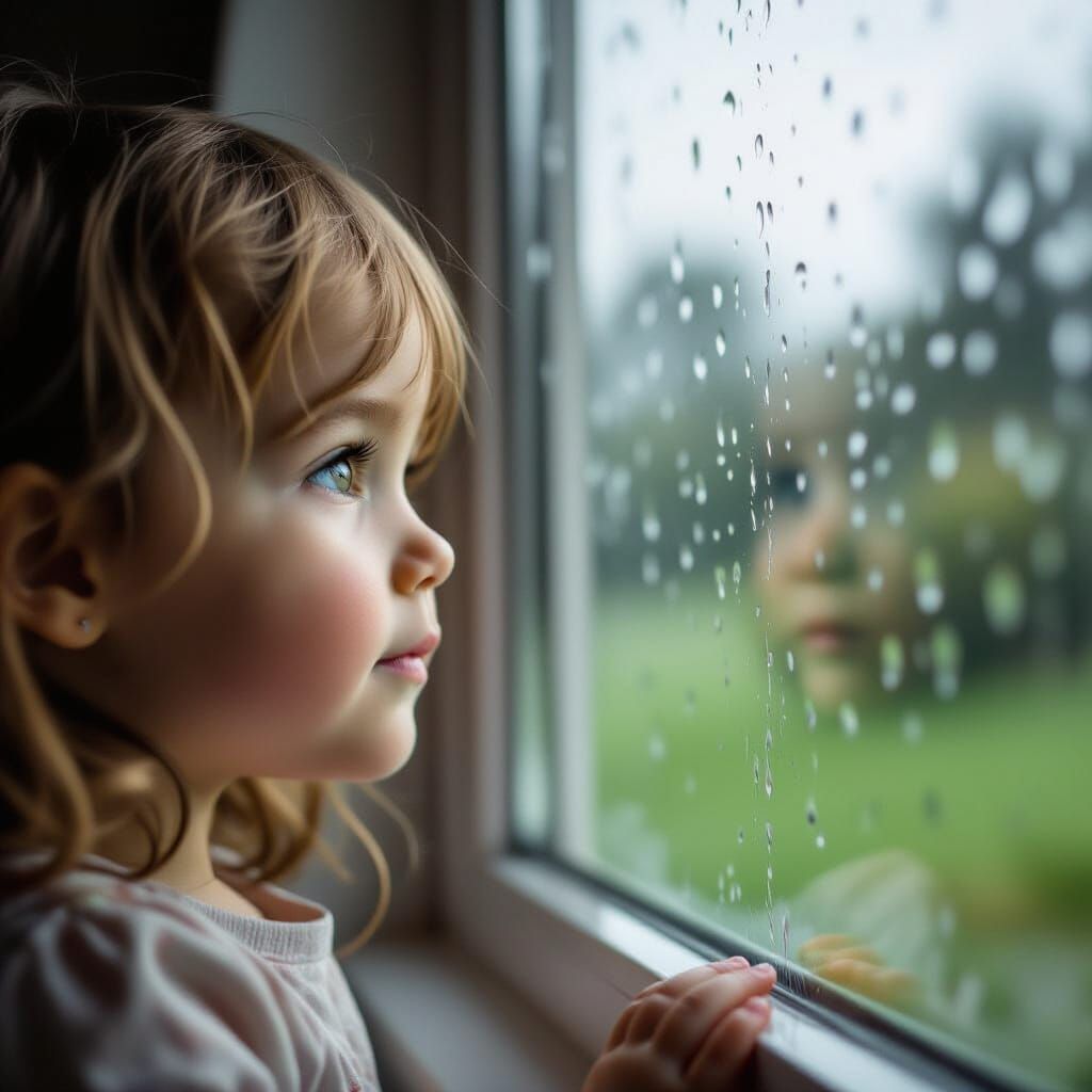 Girl Peering Out Window on Rainy Day