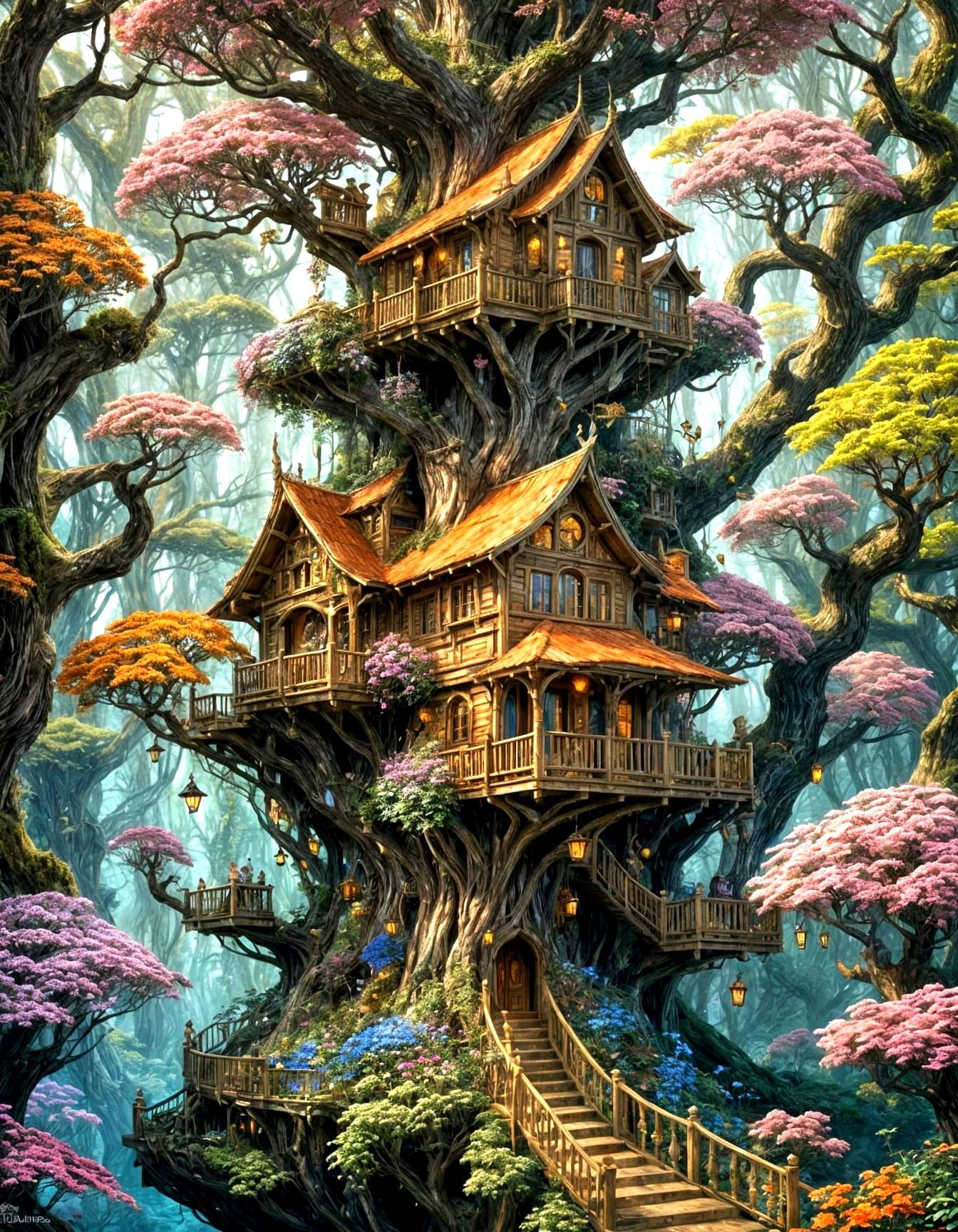 Fantastical Elf Treehouse with Wildflowers