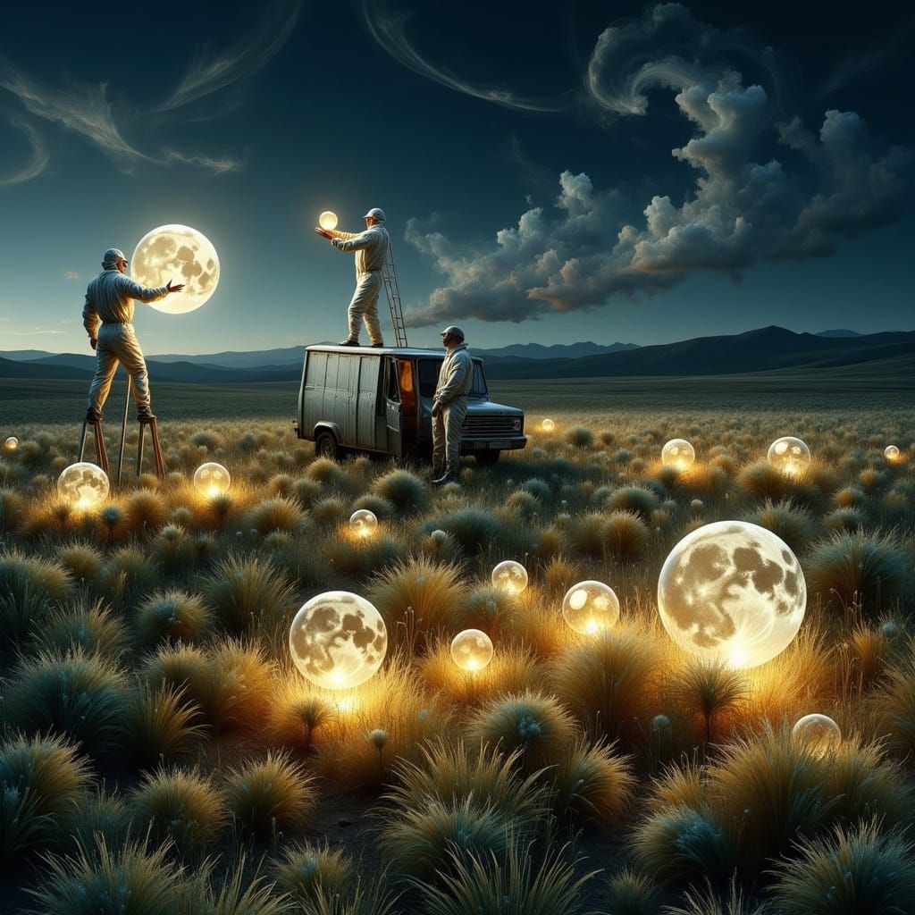 Figures in Hazmat Suits Placing Glowing Moons in Night Sky