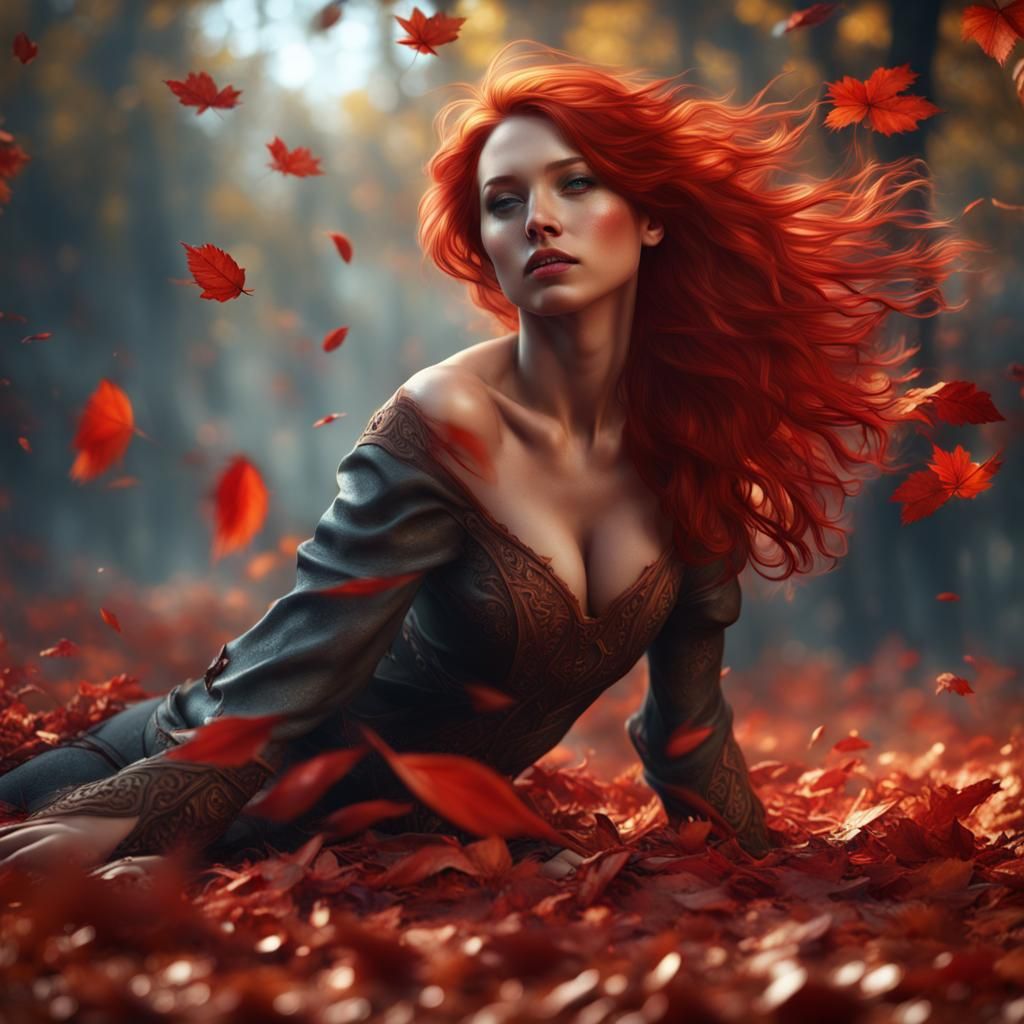 Red-Haired Woman Surrounded by Autumn Leaves