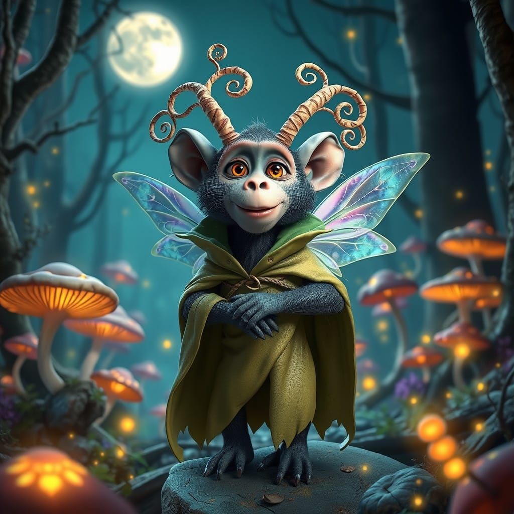 Mystical Faerie Baboon Illuminates Moonlit Forest