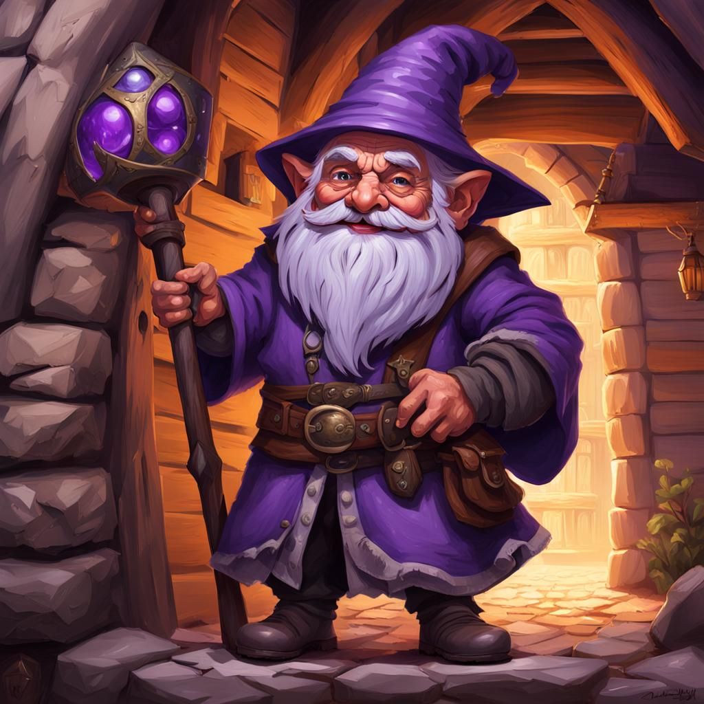 Gnome Wizard with Ebony Staff in Tavern Doorway