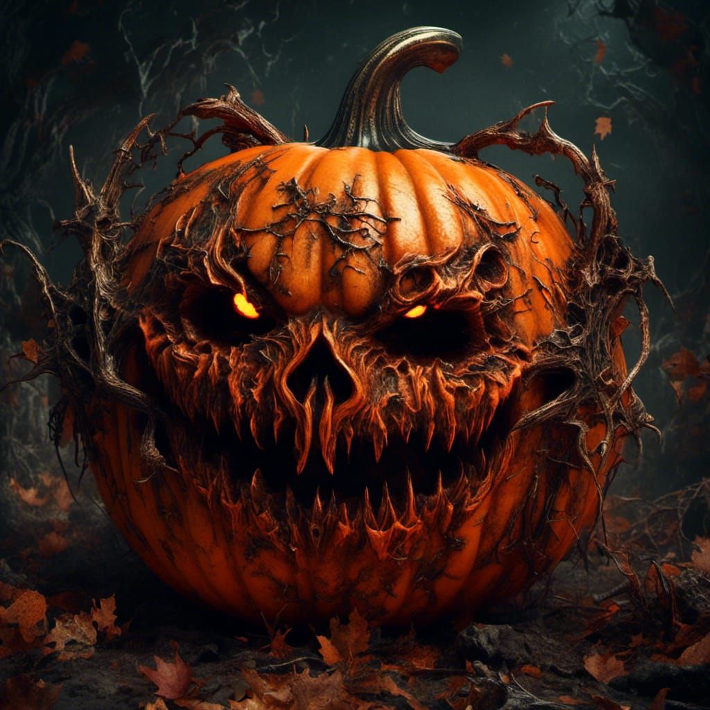 Macabre Halloween Pumpkin with Gargoyles, Digital Illustrati...