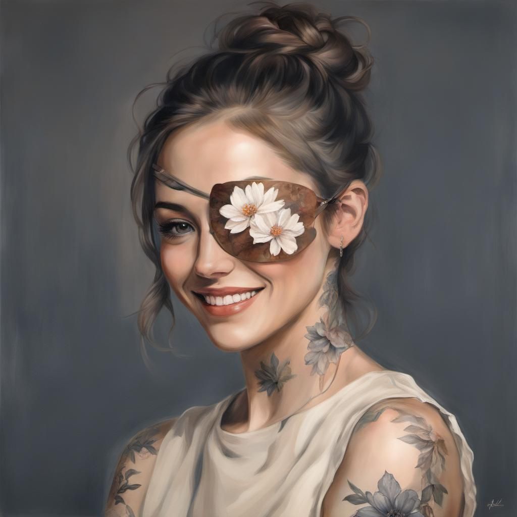 Young Woman with Floral Eyepatch: Photorealistic Oil Paintin...