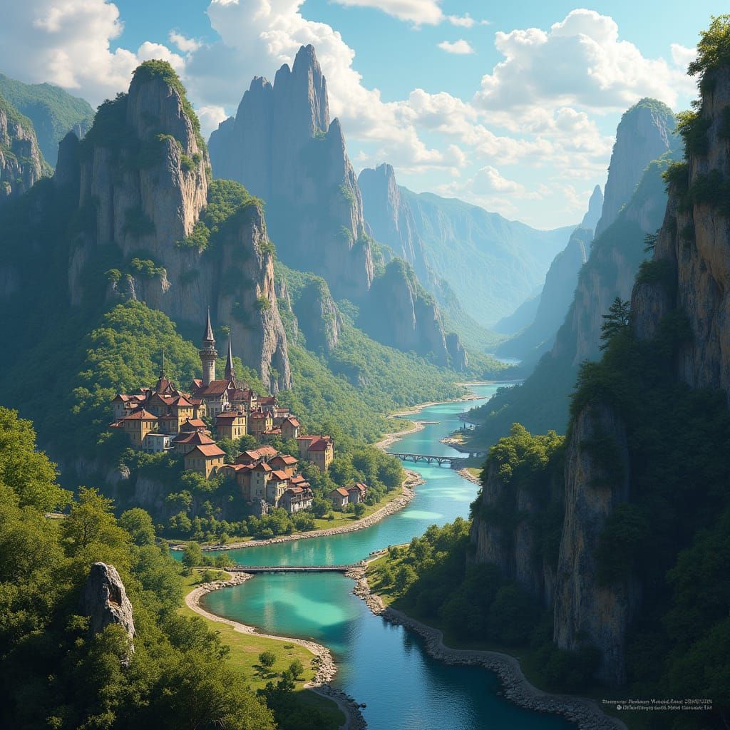 Panoramic River Confluence With Cave Village