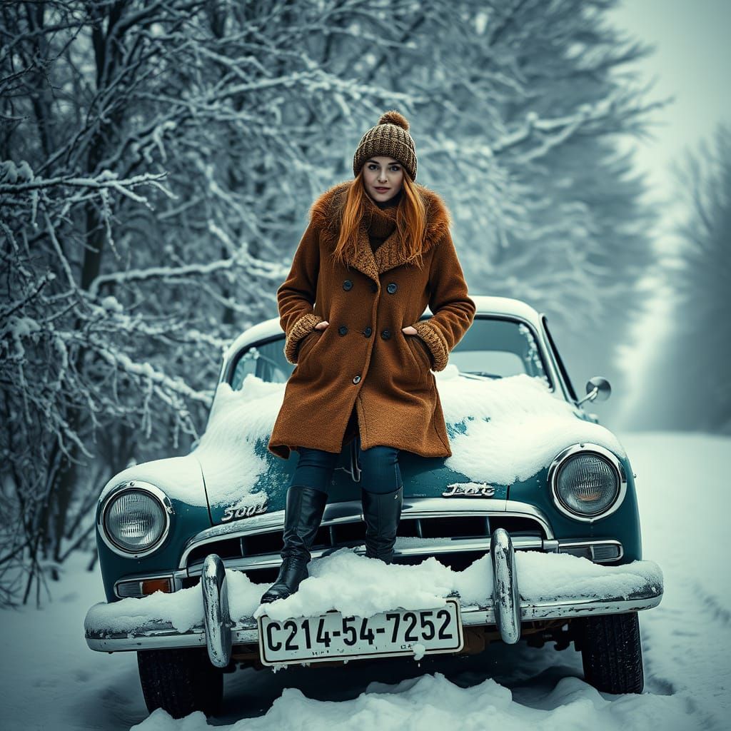 Woman on Vintage Car in Snowy Landscape