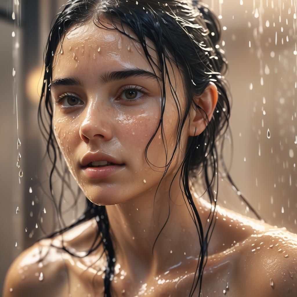 Young Woman Showering: Realistic Digital Portrait