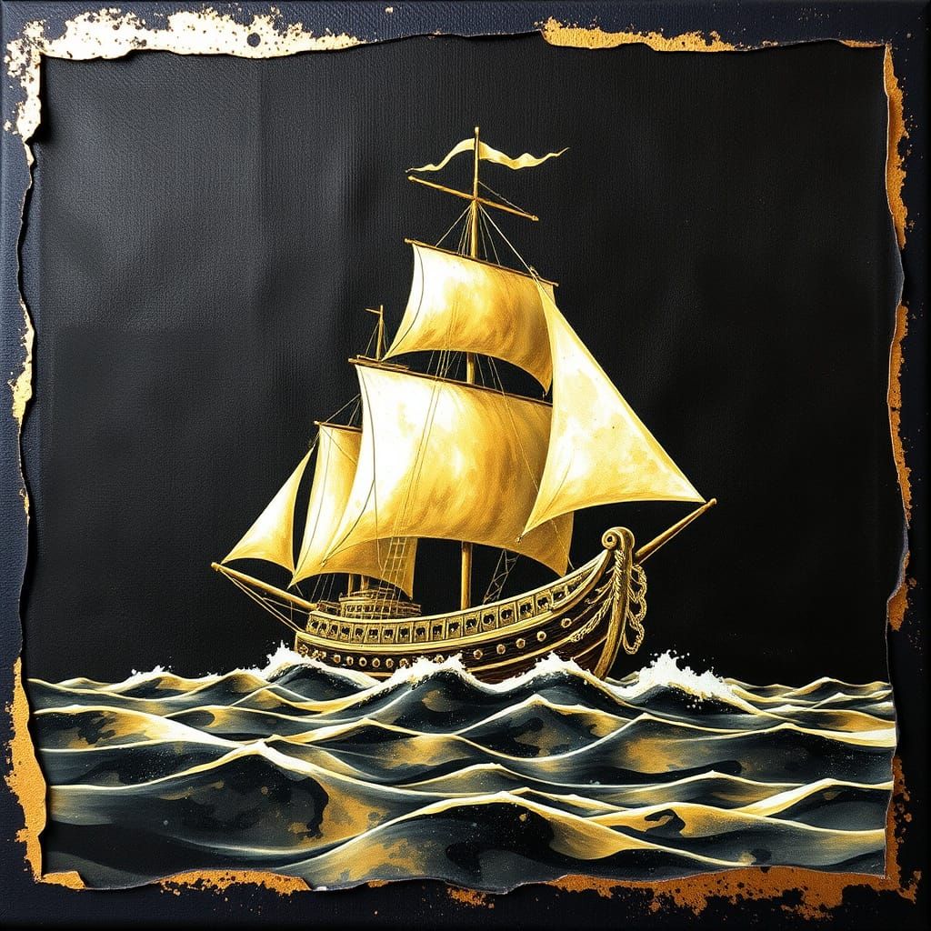 Antique Gold Ship at Sea Fantasy Artwork