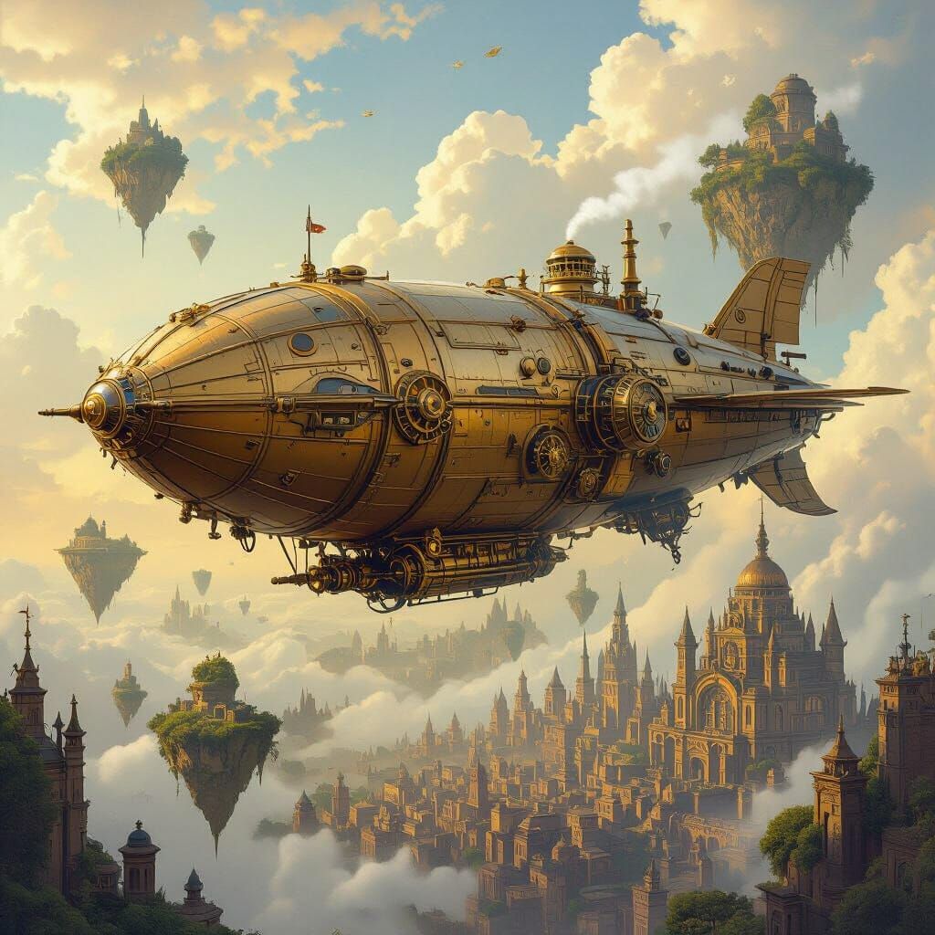 Steampunk Airship Over Victorian City