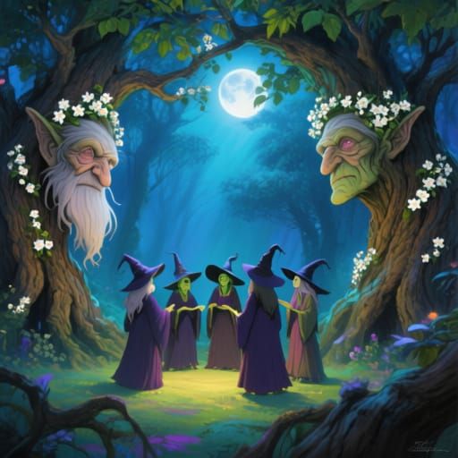 Enchanted Elder Tree Witches Under Moonlight